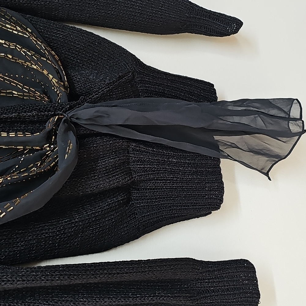 Vtg 90s Magnolia Black Faux Wrap, Beaded Scarf, Deep Vneck Sweater, Size Med - Picture 3 of 14
